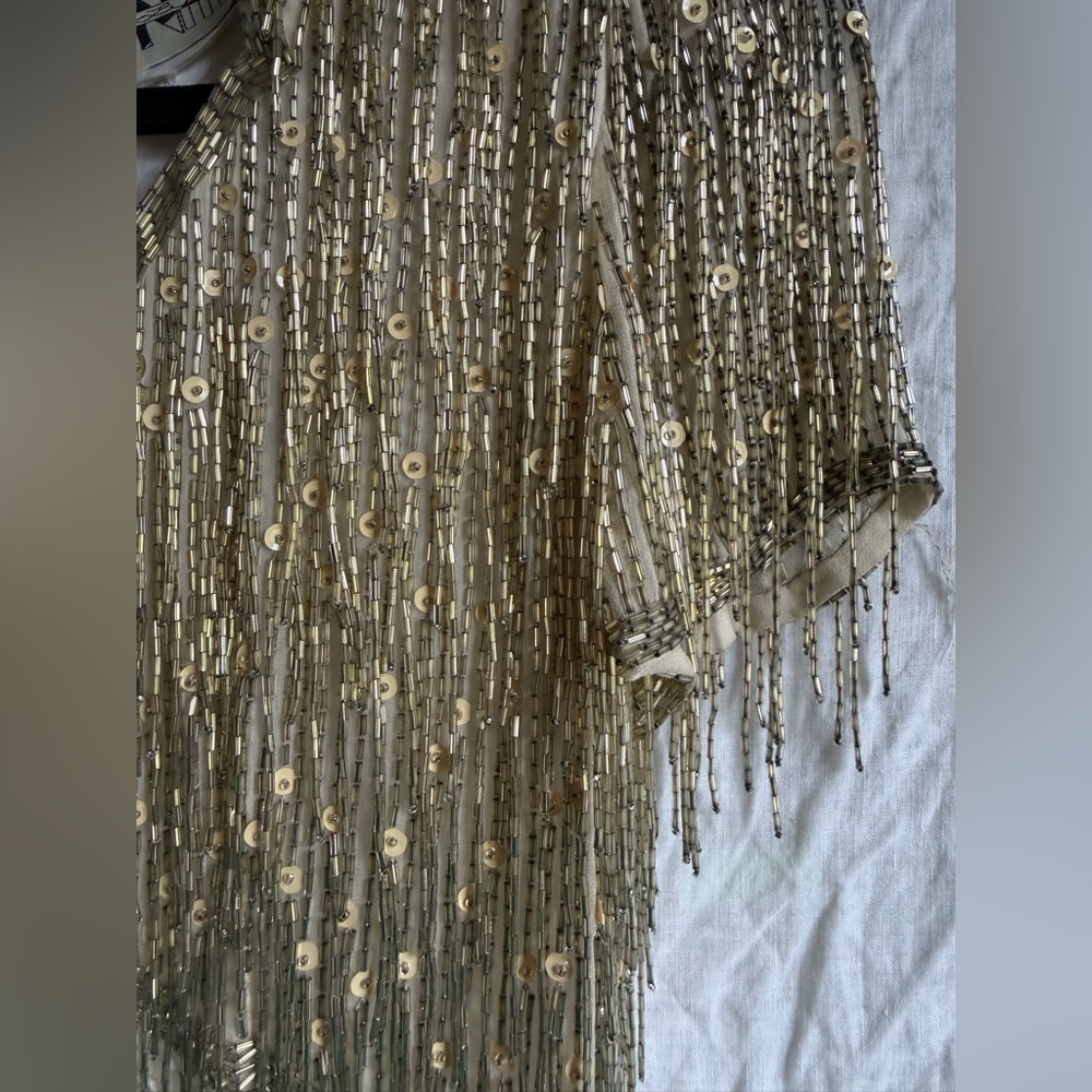 Vintage 100% Silk Beaded Gold Silver Fringe Cocktail Flapper Dress Short Sleeved - Picture 8 of 10